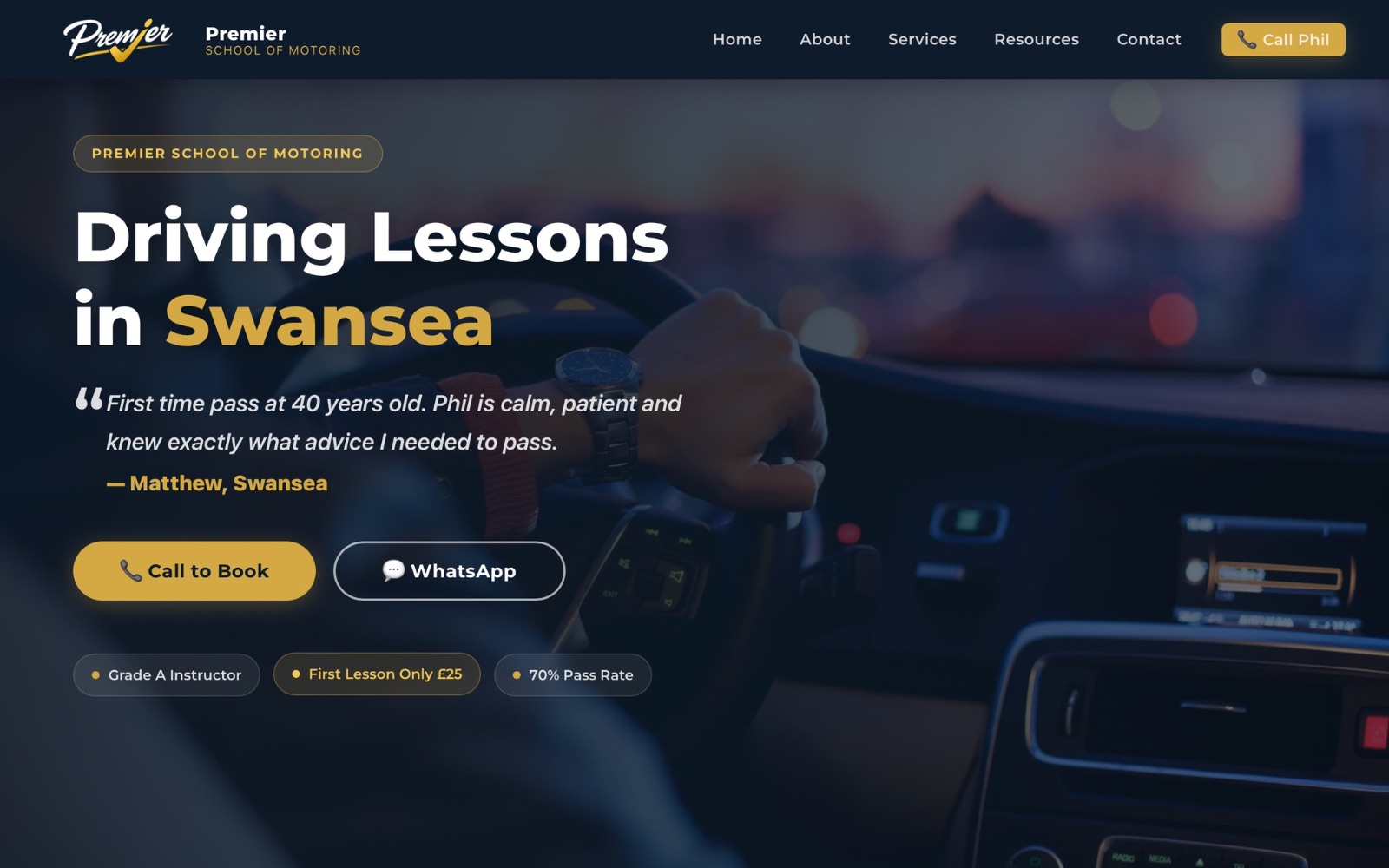 Screenshot of a driving school website homepage