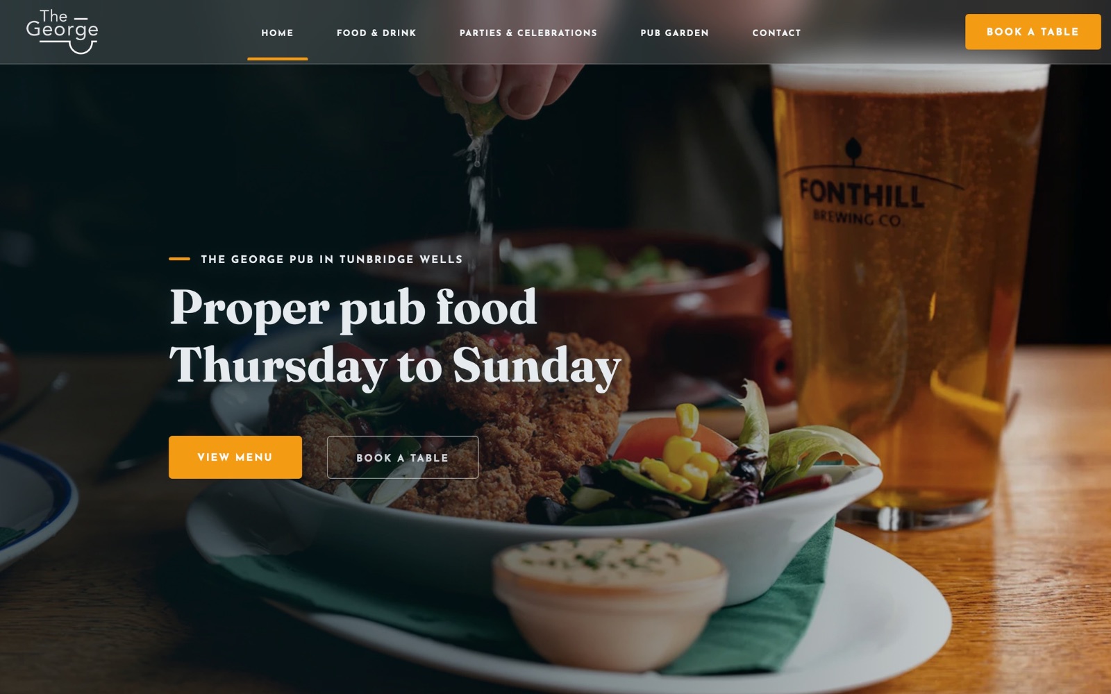 Screenshot of a pub website