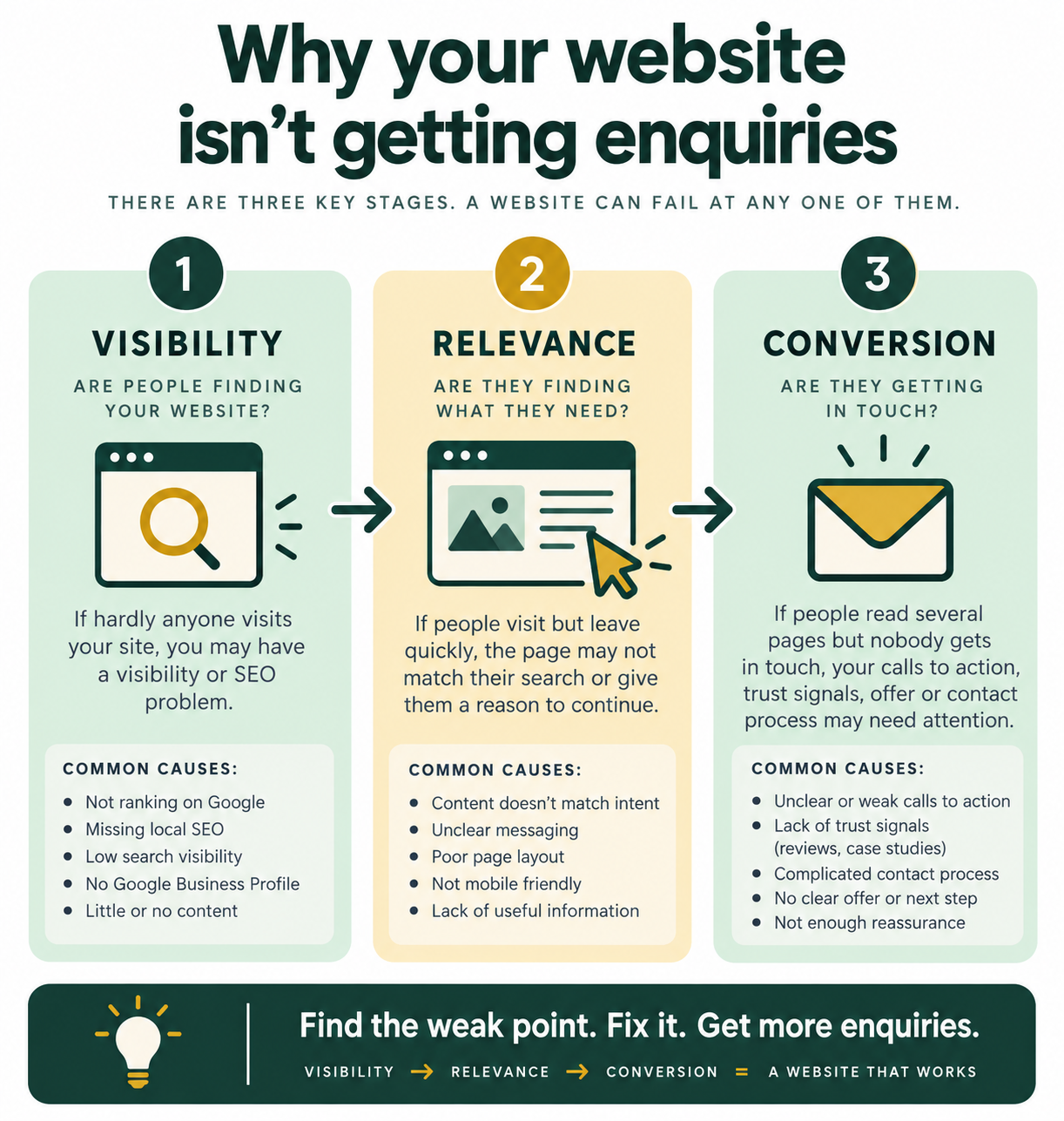 Infographic showing why a website isn't getting enquiries: visibility (are people finding you?), relevance (are they finding what they need?), and conversion (are they getting in touch?)